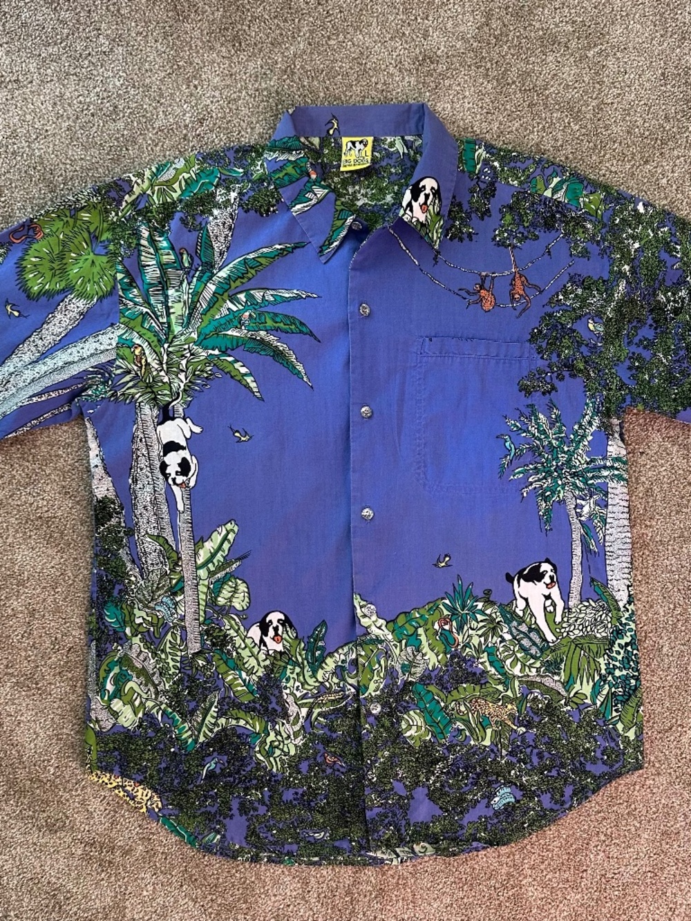 Vintage Big Dogs Jungle Animal All Over Print Button Up Shirt Men's L